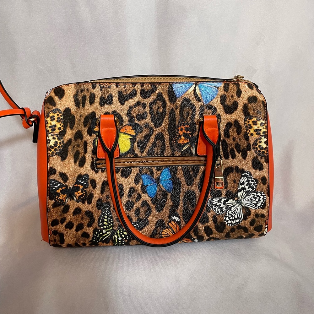 Leopard Print Butterfly Handbag with Orange Accents